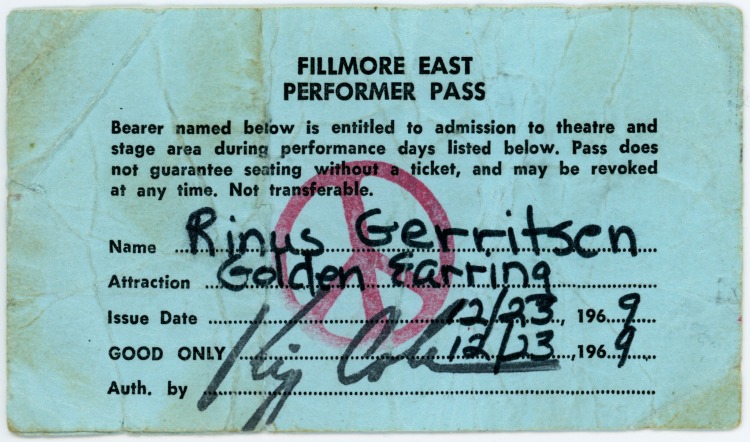 Performer Pass scan Rinus Gerritsen for New York - Fillmore East show December 23 1969